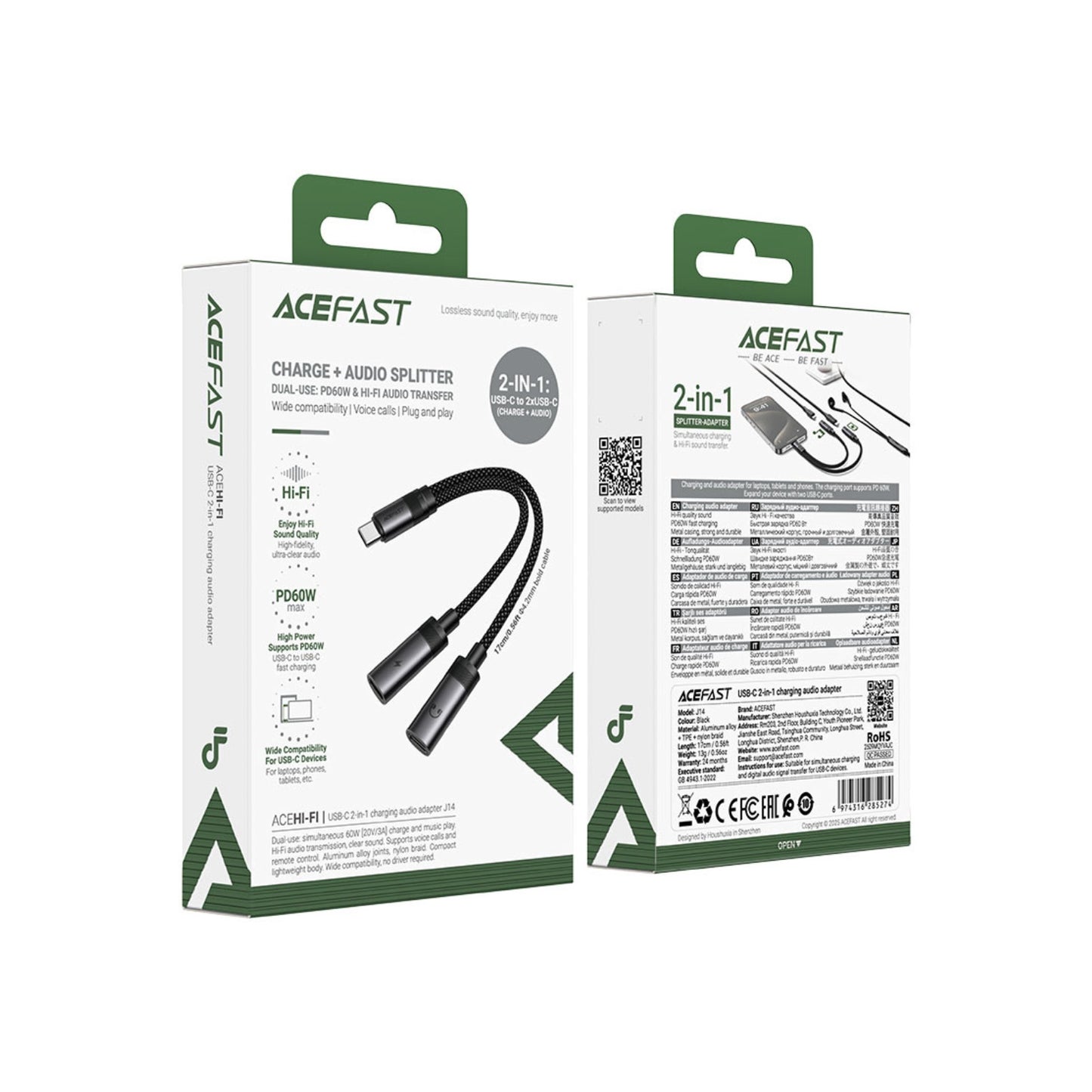 محول ACEFAST J14 USB-C للشحن وتوزيع الصوت (Splitter)