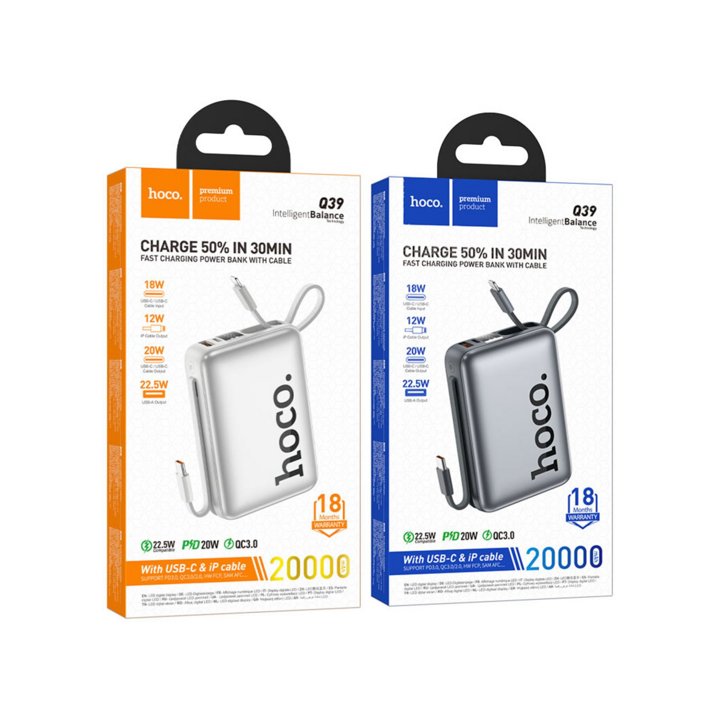 Hoco 20000 mAh Powerbank with attach Cable-Q39