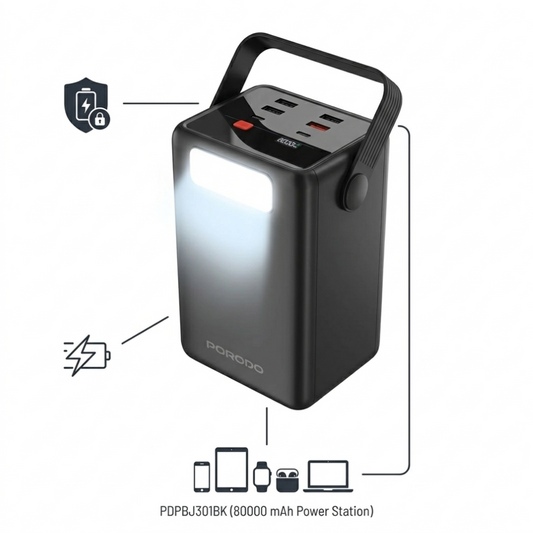 Porodo 80000mAh Power Bank with Built-in Cables & Flashlight