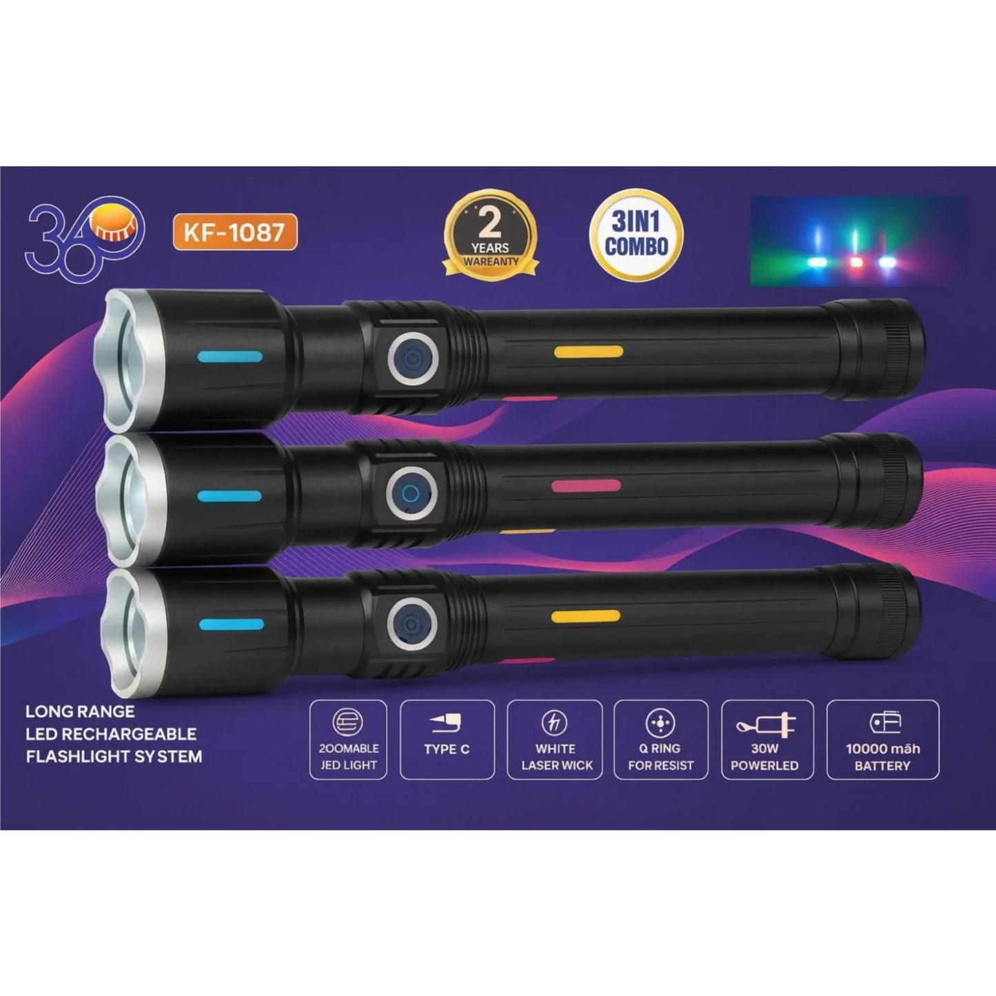 3 in 1 Long Range LED Rechargeable Flashlight