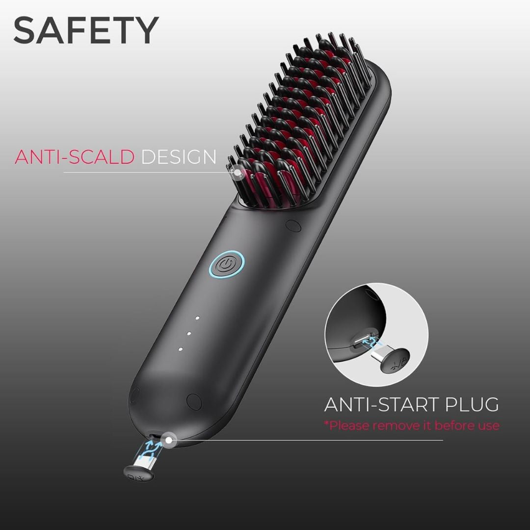 Cordless Portable Hair Straightening Brush (Black) - Tymo