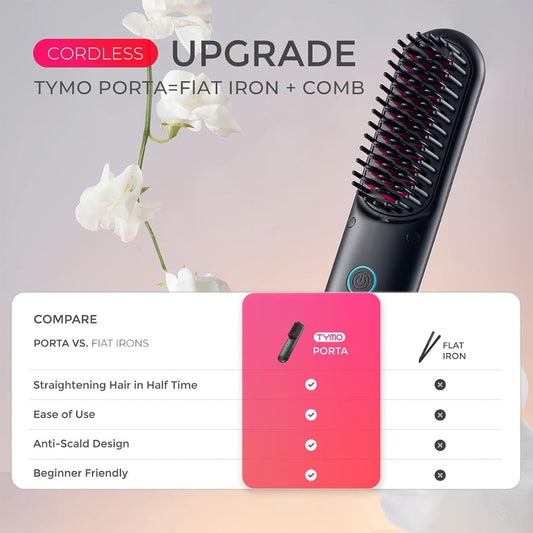 Cordless Portable Hair Straightening Brush (Black) - Tymo