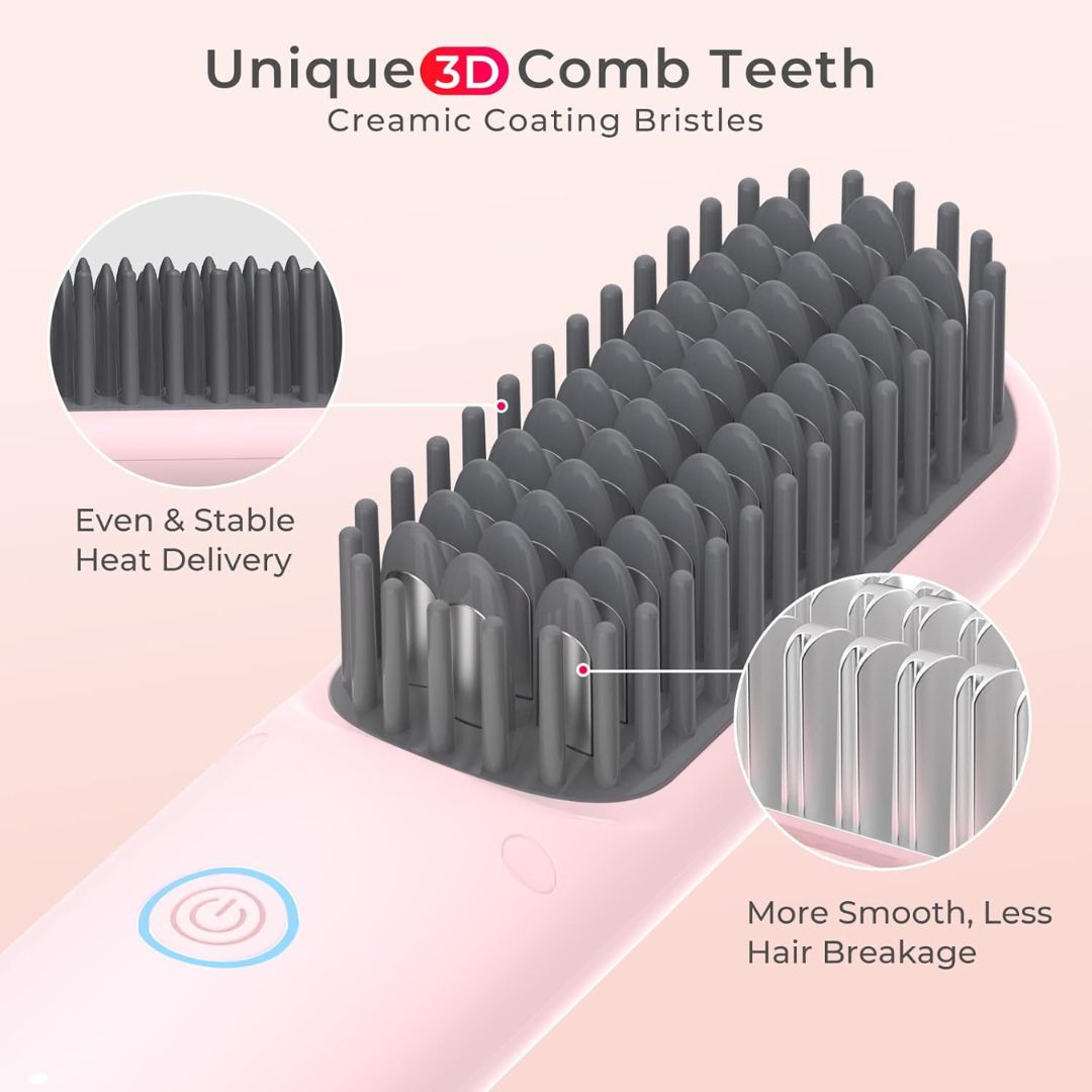 Cordless Portable Hair Straightening Brush (Pink) - TYMO