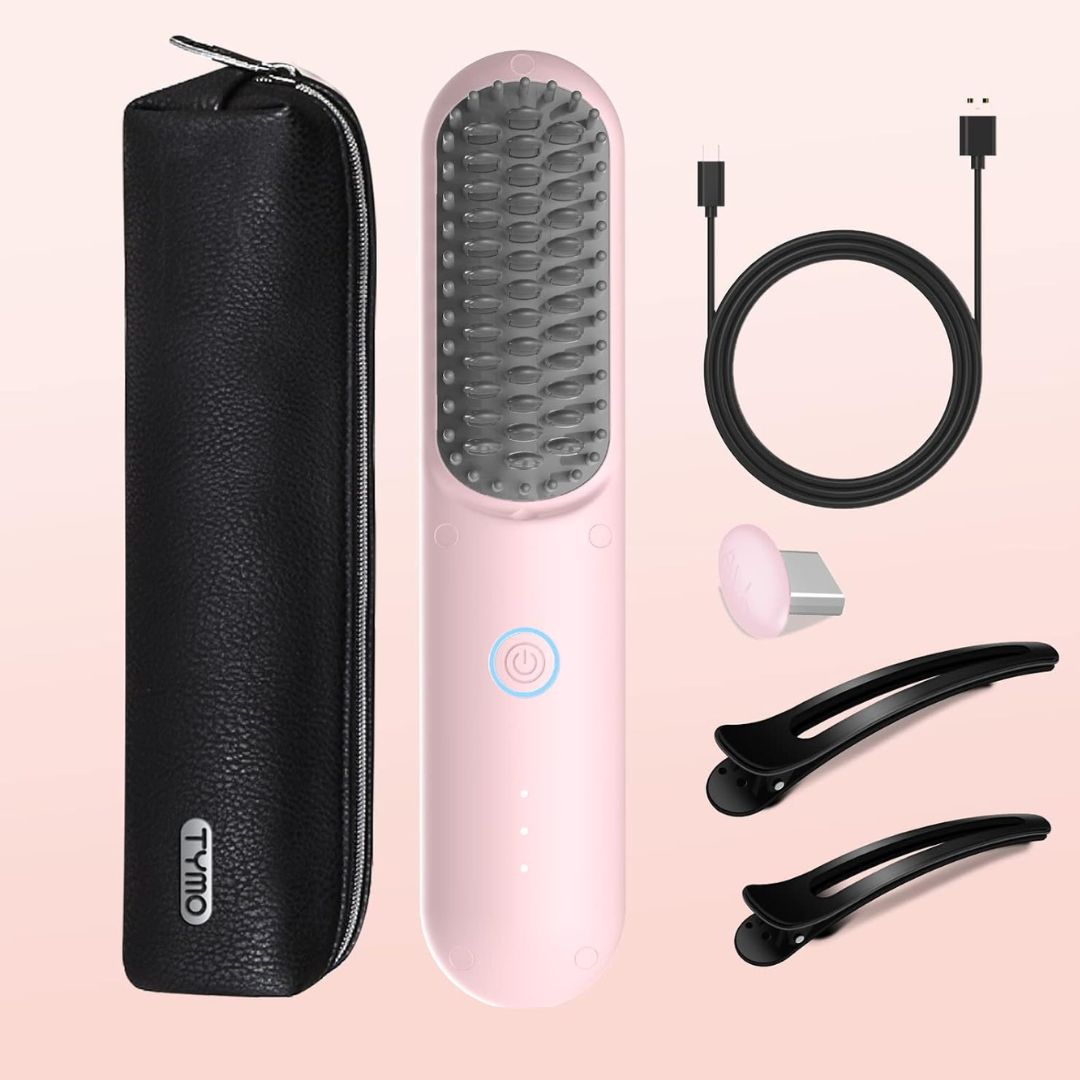 Cordless Portable Hair Straightening Brush (Pink) - TYMO