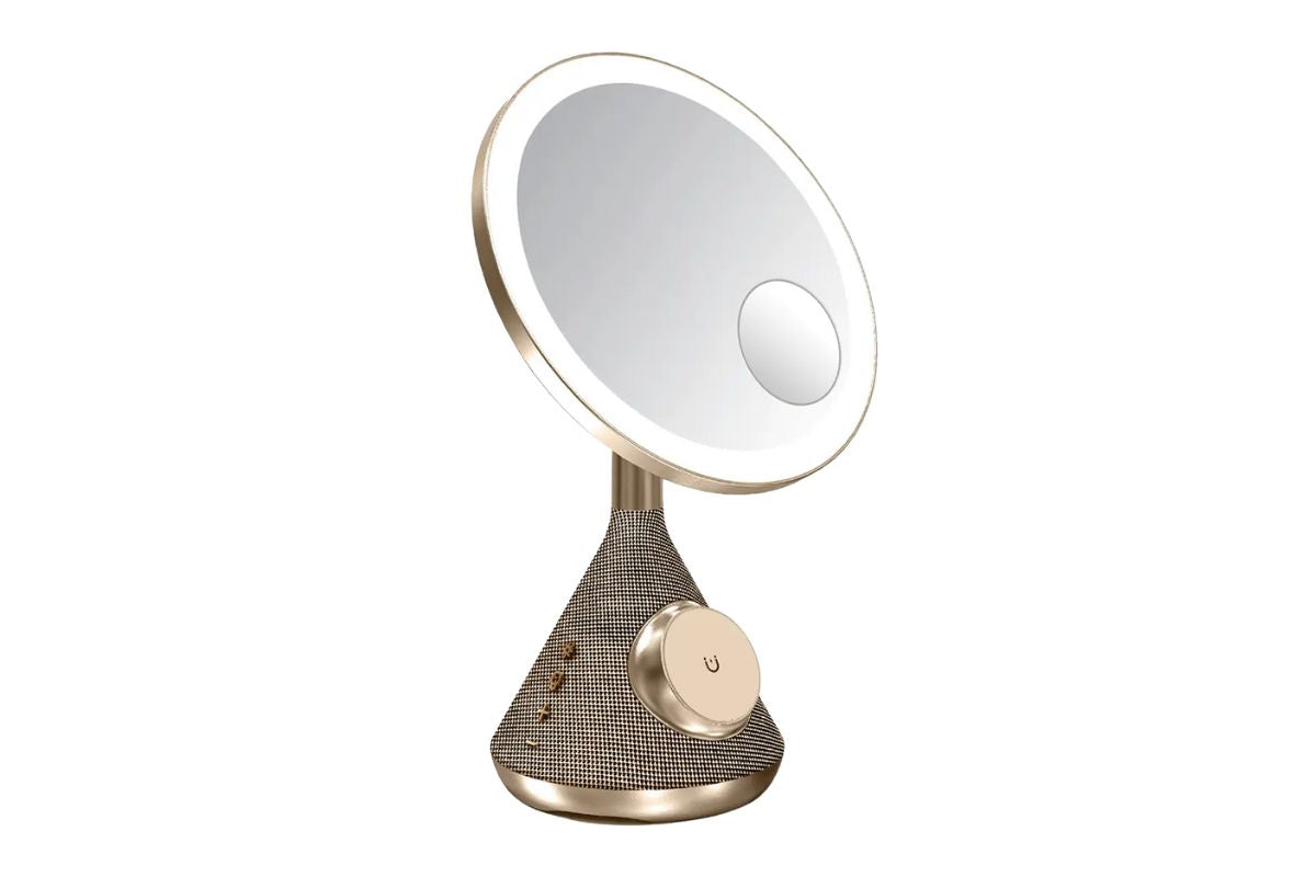 Porodo Zoomed Mirror with Speaker & Wireless Charger-Gold color