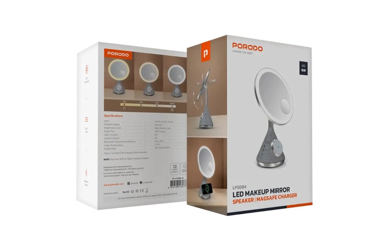 Porodo Smart Mirror Wireless Charger & Bluetooth Speaker-Gold color