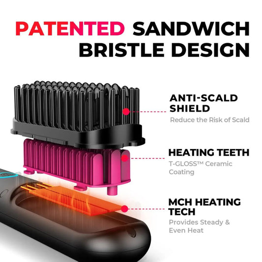 Pro Cordless Portable Hair Straightening Brush (Black) - Tymo