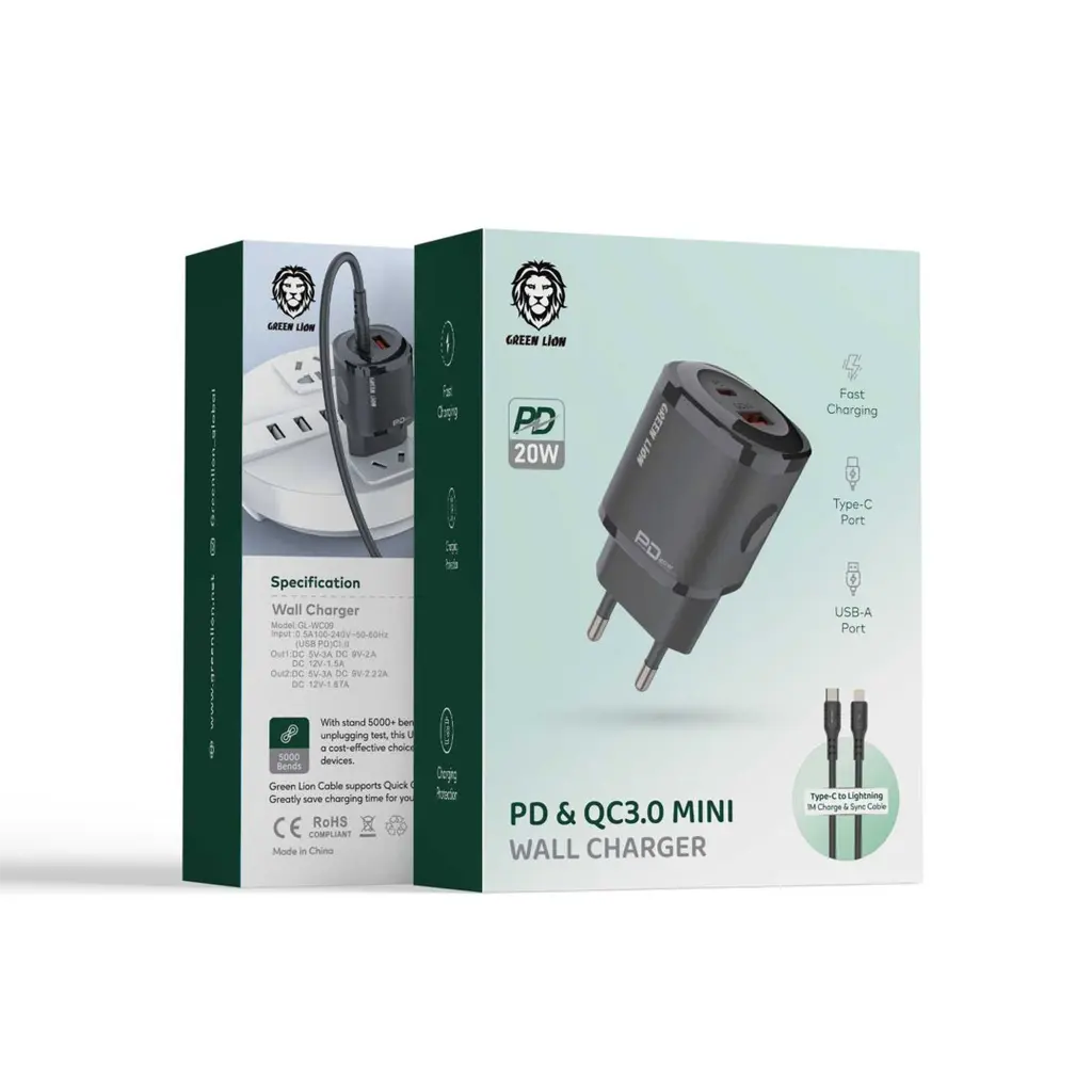 Charger Mini Dual Port 20W  - Green Lion