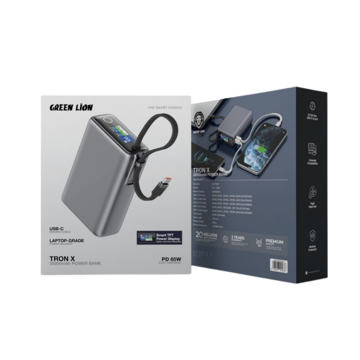Green Lion 20000mAh 65W PD Laptop Power Bank with Built in USB-C Cable