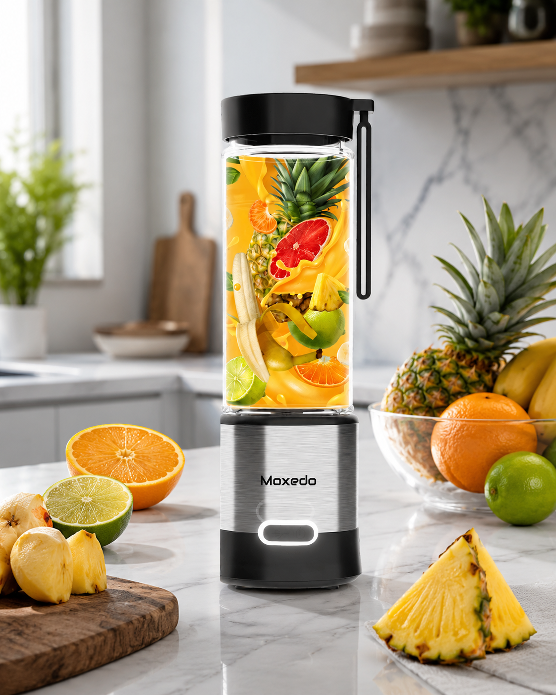 خلاط عصير محمول Moxedo Frutiva قابل للشحن عبر USB – صانع سموثي صغير بقوة 16500 دورة/دقيقة