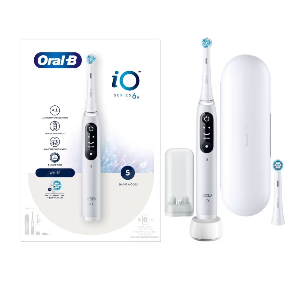 فرشاة أسنان كهربائية Oral-B iO Series 6N مزوّدة بتقنية الذكاء الاصطناعي – أبيض