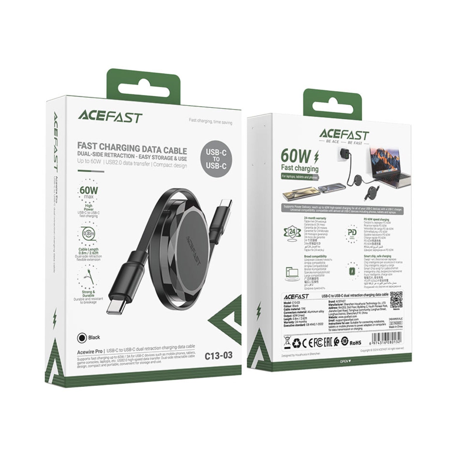 ACEFAST كابل USB-C إلى USB-C قابل للسحب 60W - 0.8 متر ACEFAST كابل USB-C إلى USB-C قابل للسحب 60W - 0.8 متر