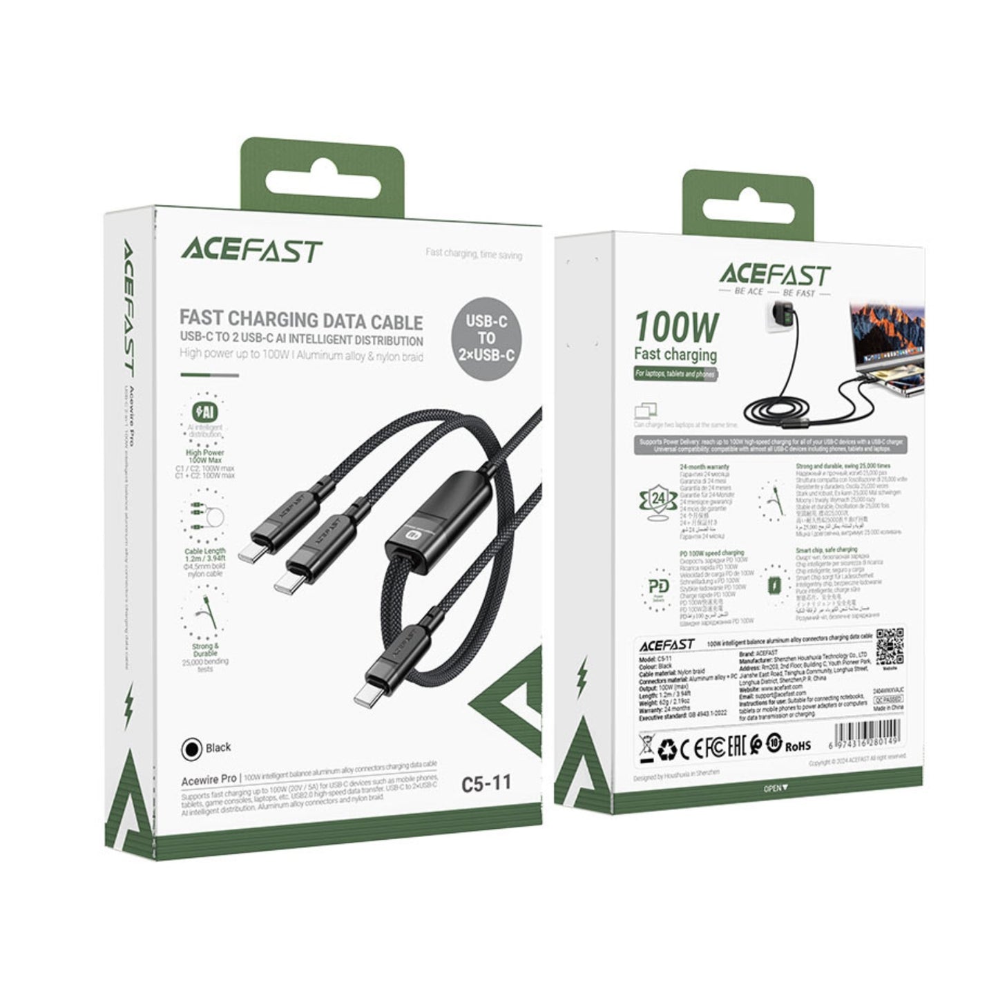 ACEFAST كابل USB-C إلى USB-C مزدوج 100W - طول 1.2 متر
