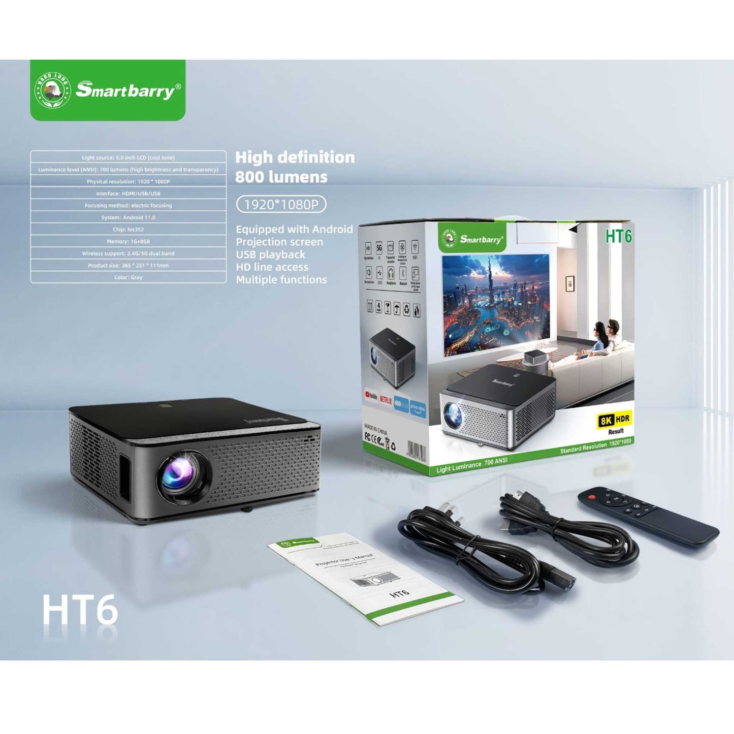Smartbarry 8K HDR High Definition Projector HT6-700 Lumens ANSI
