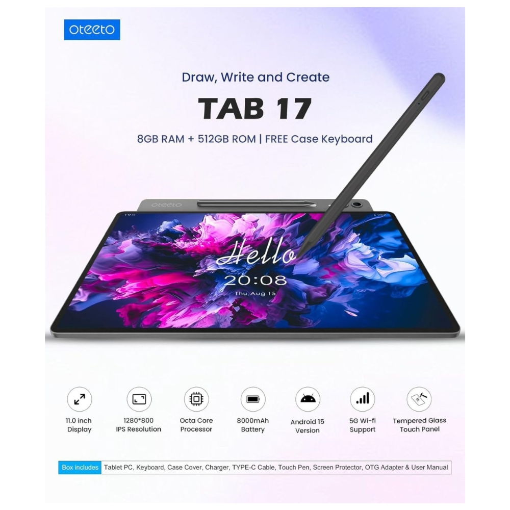 Oteeto TAB 17 Android Tablet 11Inch (8GB RAM + 512GB) with Keyboard & Stylus