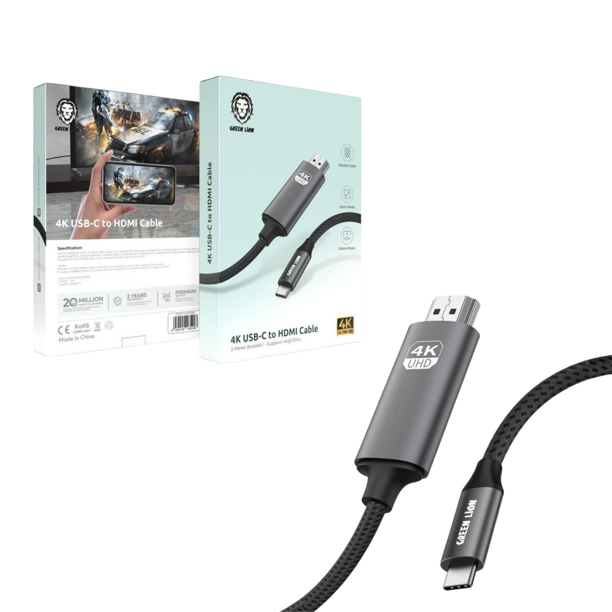 كابل Green Lion من USB-C إلى HDMI بدقة 4K – طول 2 متر كابل Green Lion من USB-C إلى HDMI بدقة 4K – طول 2 متر