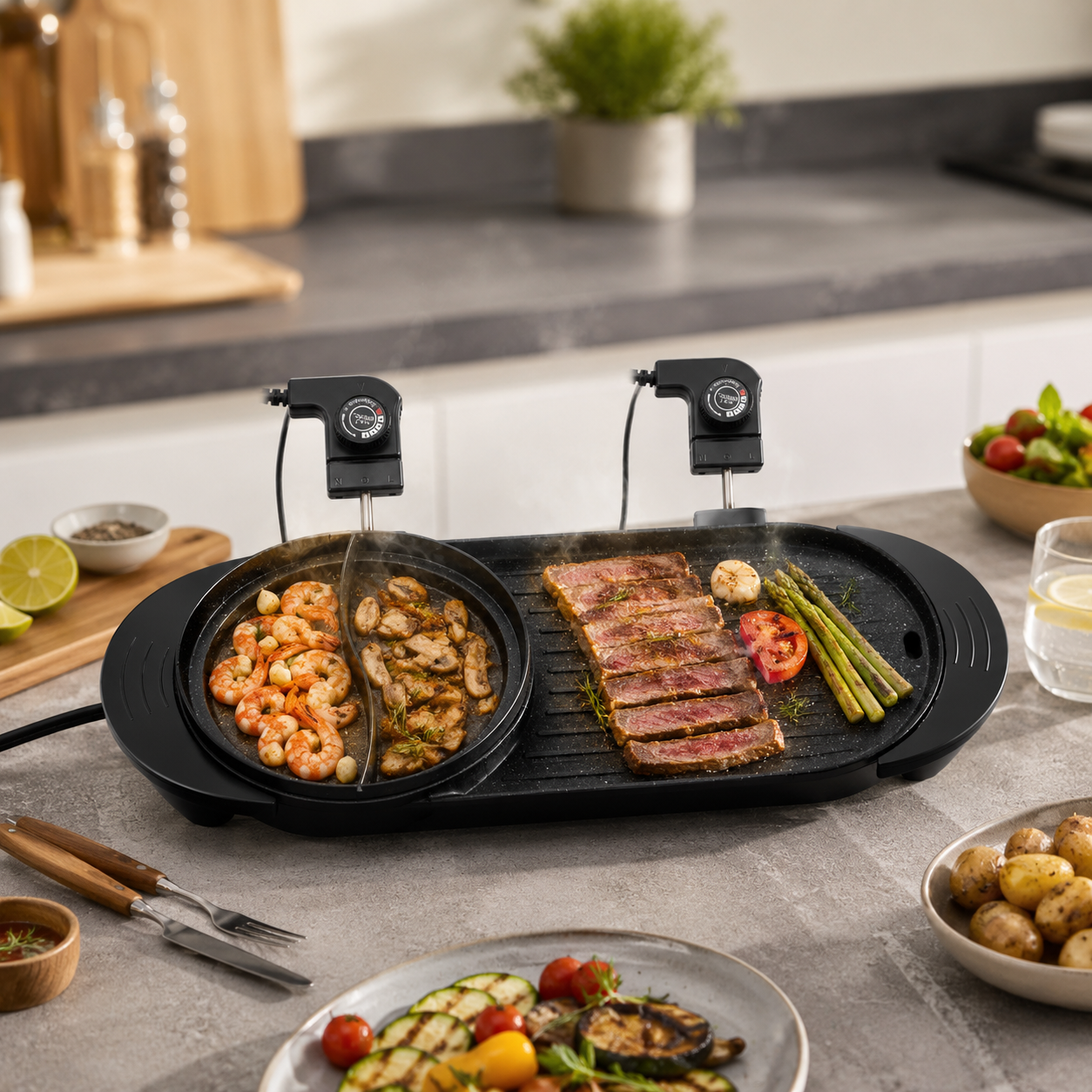 Electric BBQ Grill Baking Pan& Double Hot Pot