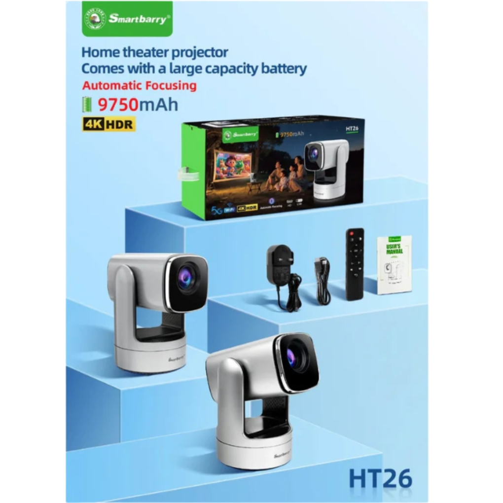 SmartBarry HT26 4K HDR rechargeable Projector-Auto Focus