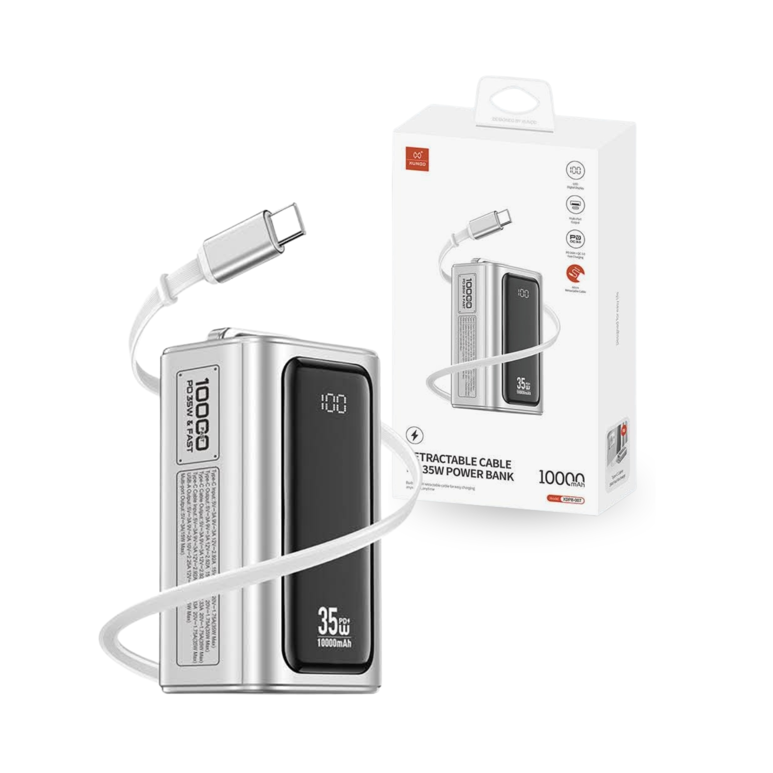 بنك طاقة XUNDD بقدرة 35 واط وسعة 10000 مللي أمبير مع كابل USB-C مدمج بنك طاقة XUNDD بقدرة 35 واط وسعة 10000 مللي أمبير مع كابل USB-C مدمج