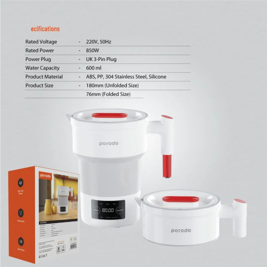 Porodo 600ml Foldable Electric Travel Kettle