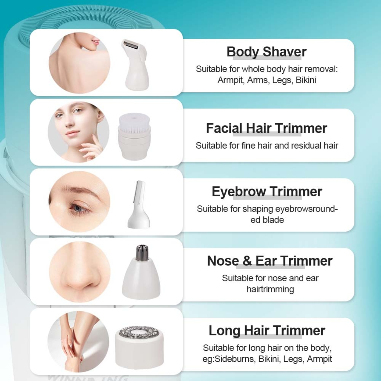 مجموعة إزالة الشعر القابلة للشحن من وينينج ستار 5 في 1 مجموعة إزالة الشعر القابلة للشحن من وينينج ستار 5 في 1