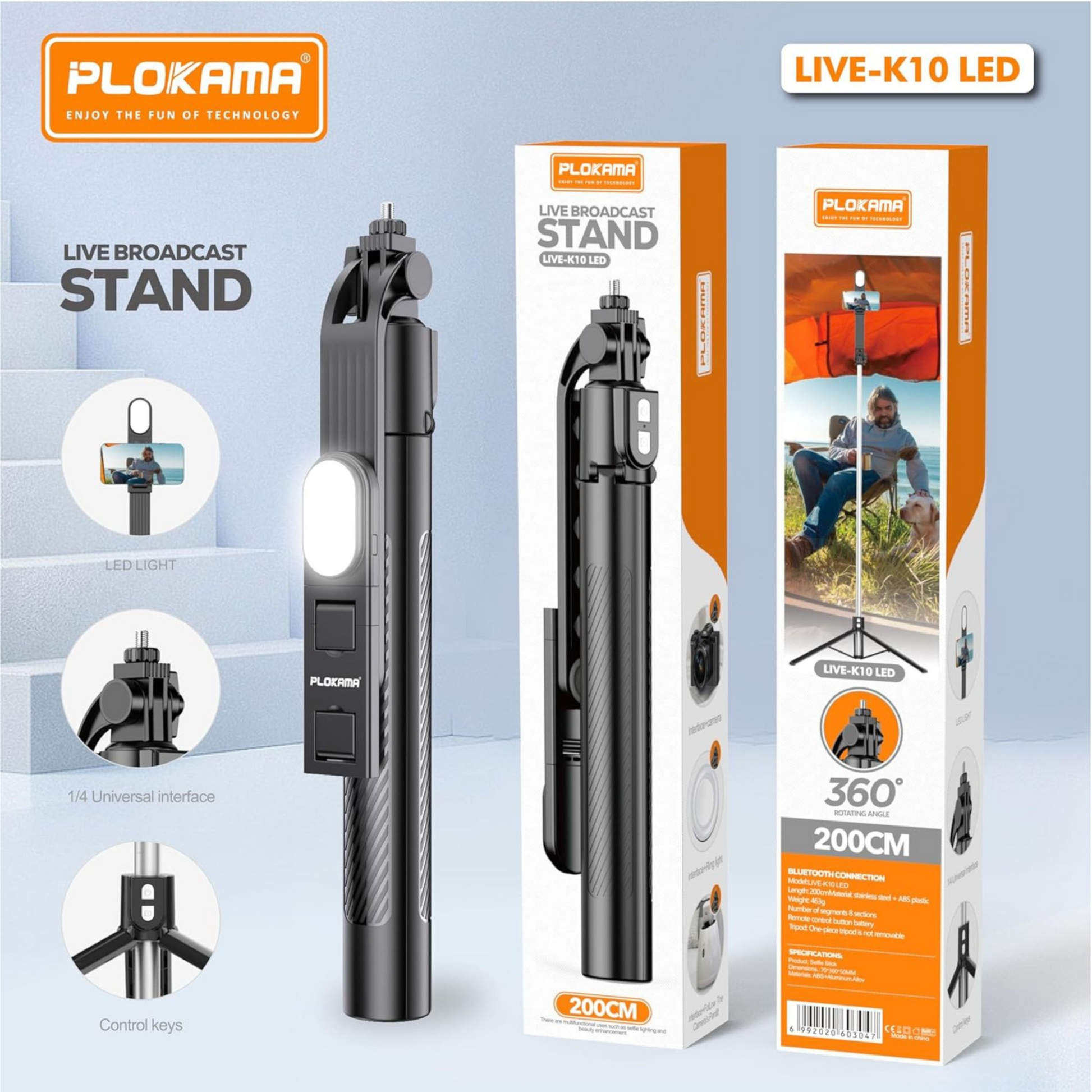 حامل وسيلفي LED Plokama Live K10 – أسود حامل وسيلفي LED Plokama Live K10 – أسود