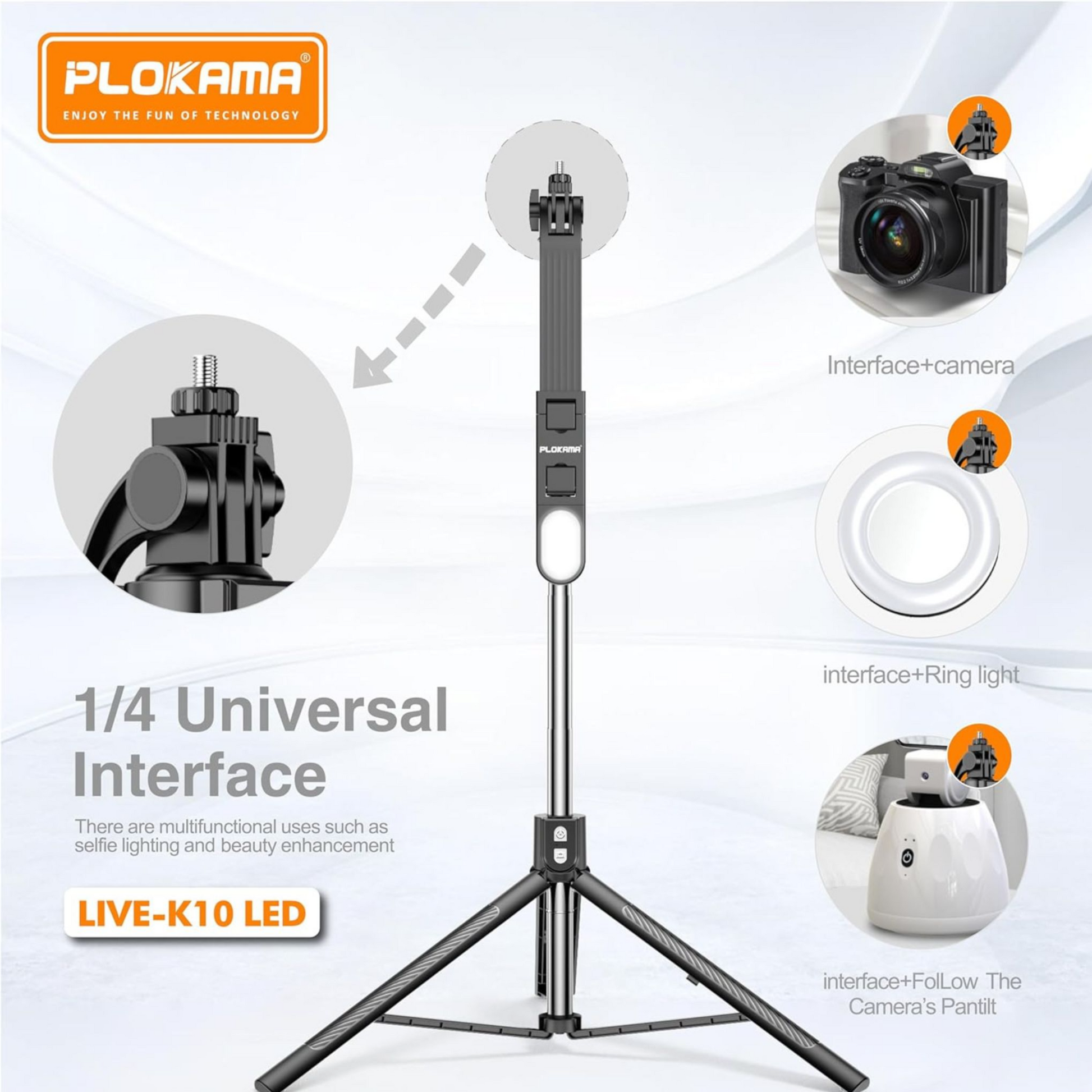حامل وسيلفي LED Plokama Live K10 – أسود حامل وسيلفي LED Plokama Live K10 – أسود